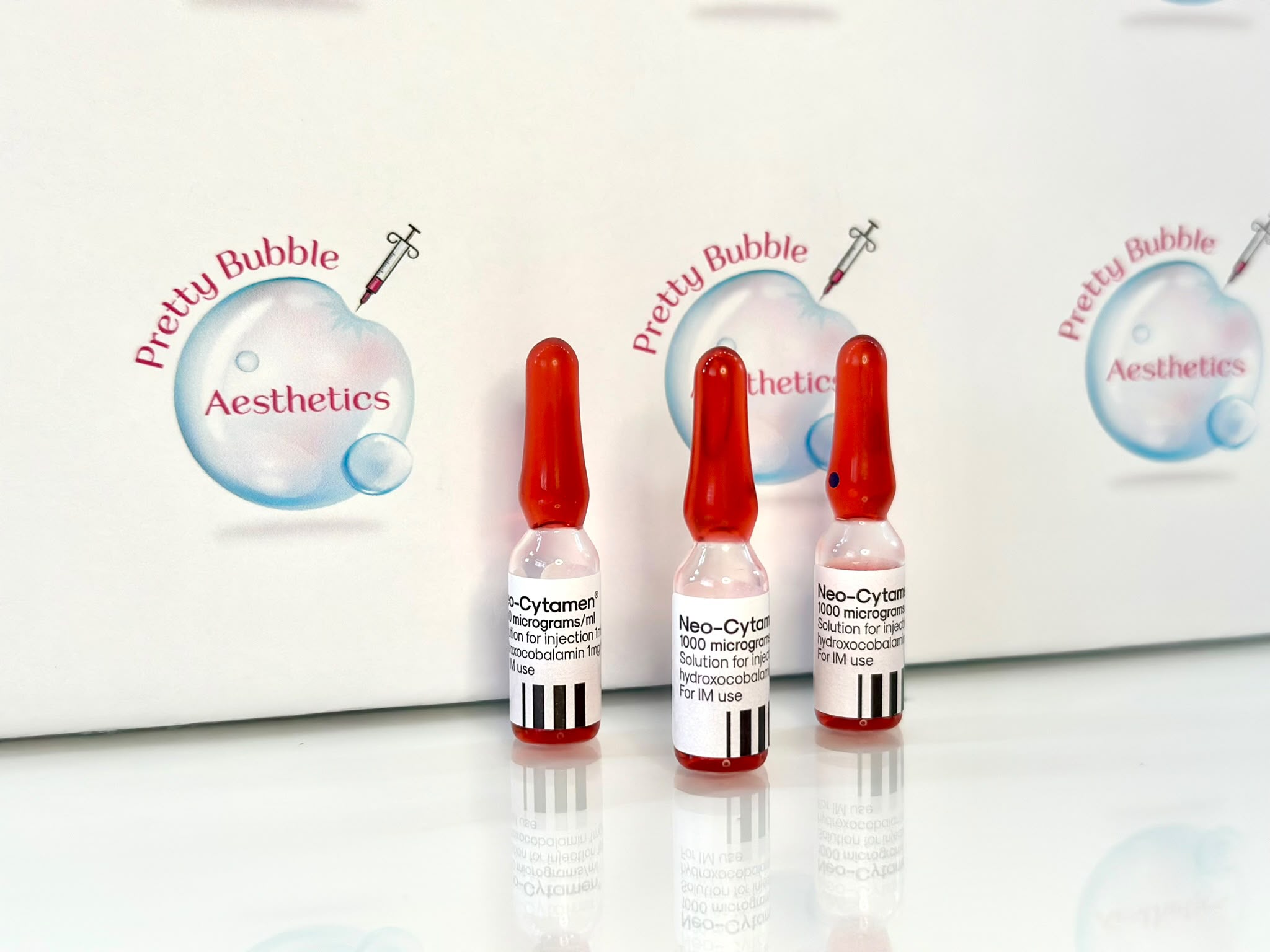 Vitamin B12 injection vials used at Pretty Bubble Aesthetics, Yeovil